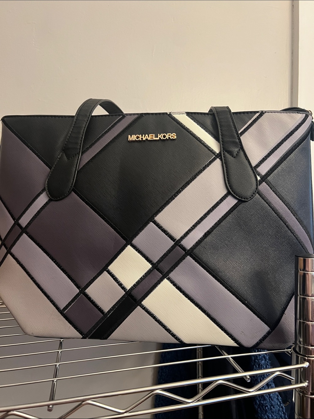 Michael Kors Black, Gray & Cream Geometric Patchwork Tote
